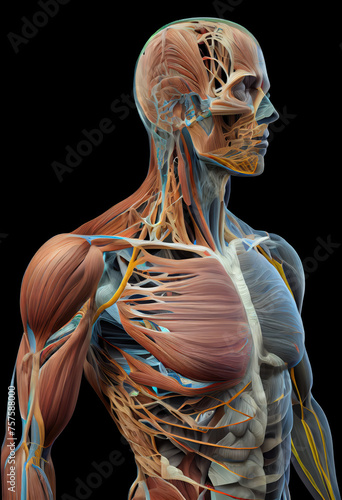 Full human body with intricate and detailed muscles and nervous system