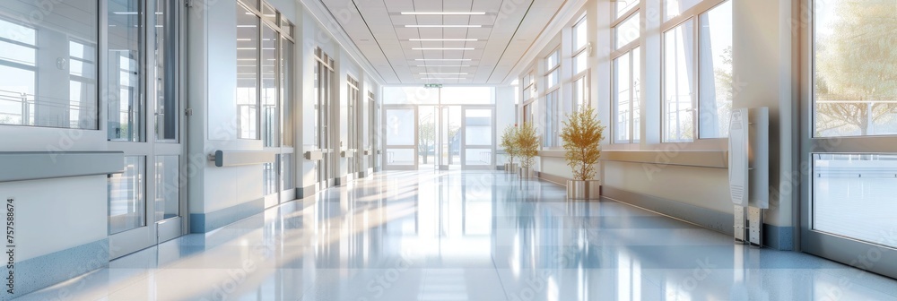 modern and light hospital corridor with glass door banner - obrazy, fototapety, plakaty 