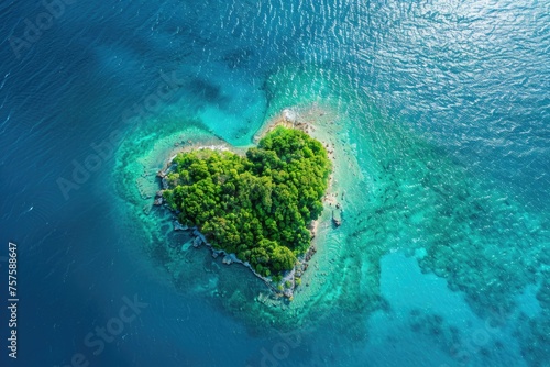 island in a shape of a heart in blue ocean  top view