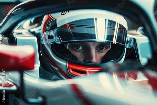 man wearing helmet in a racing car close up © Elena