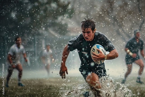 man playing rugby in rain