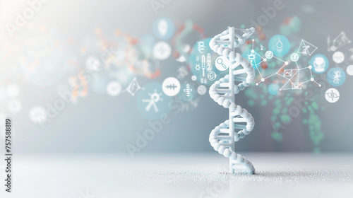 A DNA double helix model with a backdrop of medical icons, emphasizing genetics in healthcare, World Health Day, Healthcare, with copy space photo