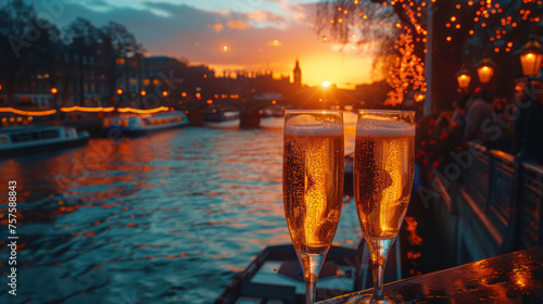 Illustration of a foreground close-up over two glasses of sparkling wine ready for a toast to a beautiful scene of London by the River Thames at a magical sunset