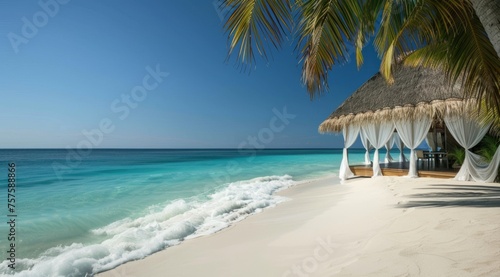 A stunning beach scene with white sand, turquoise water and palm trees A thatched roof hut sits on one side of the photo with sheer curtains hanging from its sides Generative AI