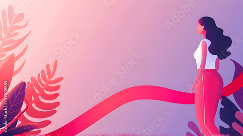 Modern Vector Illustration of a Woman Walking with Flowing Ribbon and Tropical Leaves