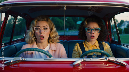 Two women sit in a red car, both wearing glasses and looking surprised. Generative AI