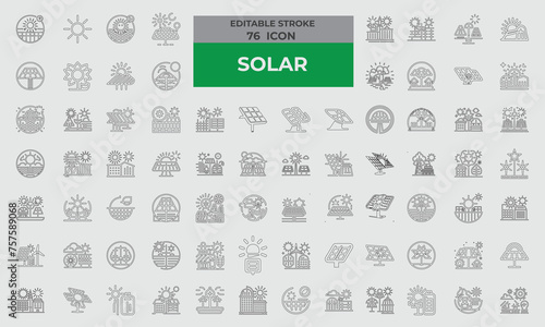 76 Stroke Icons for Solar set in Line style. Excellent icons collection. Vector illustration. 