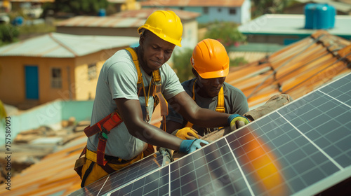 Skilled African men work together to install solar panels on a roof in Africa, contributing to the region's sustainable development and harnessing renewable energy for their community's empowerment