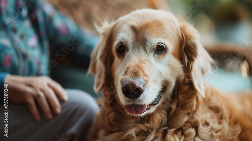 A serene scene of a therapy dog visiting elderly patients, highlighting the healing power of companionship, World Health Day, Healthcare, with copy space