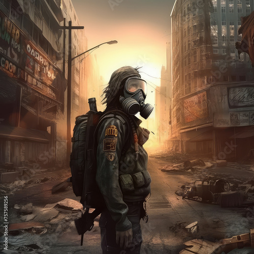Postapocalyptic cityscape. Man in dark military clothes, wearing respirator with glasses on his face standing on brown ruins background. Broken town after nuclear war