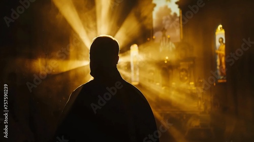Silhouette of a priest against the background of rays of light