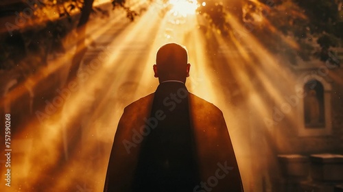 The silhouette of a priest in a cassock against the background of the rising sun photo