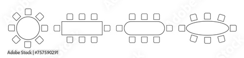 Cafe or restaurant seats arrangement plan. Table and chairs icons isolated on white background. Workplase, meeting or business training seatings scheme top view. Vector graphic illustration