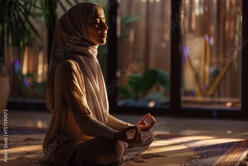 Tranquil Muslim woman in hijab practicing serene sunset meditation and spiritual mindfulness in an indoor sunlit room. Reflecting on Islamic prayer and cultural attire
