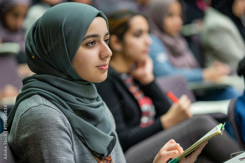 Focused young woman in a hijab takes notes during a class - obrazy, fototapety, plakaty 