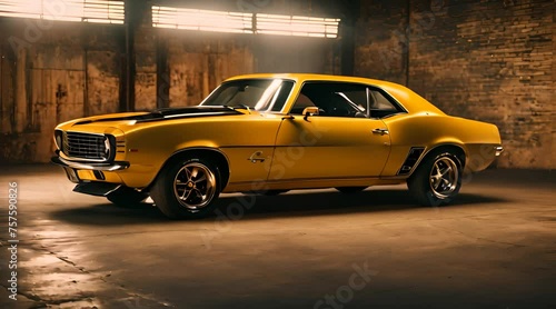 old yellow muscle car in the garage photo
