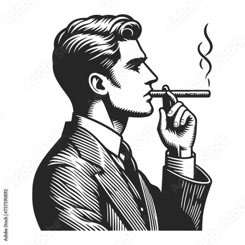 Elegant man in a suit and bow tie, thoughtfully smoking a cigar. Sketch engraving generative ai fictional character vector illustration. Scratch board imitation. Black and white image.