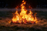 The flames of the campfire are burning vigorously. Outdoors and camping concept.
