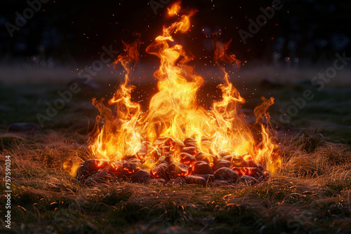 The flames of the campfire are burning vigorously. Outdoors and camping concept.