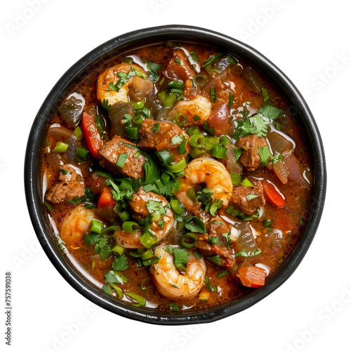 Spicy shrimp stir-fry with vegetables in a savory sauce, cut out - stock png.