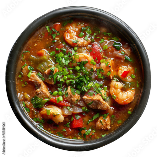 Spicy shrimp stir-fry with vegetables in a savory sauce on transparent background - stock png.