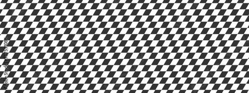 Race flag texture in diagonal arrangement. Tilted checkered black and white squares background. Sport car competition, motosport, motocrosss print. Slanted chequered tile floor. Vector illustration