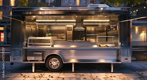 Blank Food Truck with Detailed Interior on Street. Takeaway
 photo