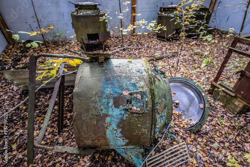 Old cauldrons in mess hall in abandoned military base Chernobyl-2 in Chernobyl Exclusion Zone, Ukraine