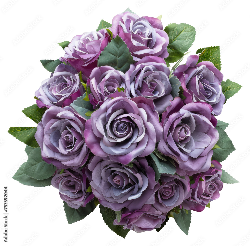 Bouquet of elegant purple roses with lush greenery, cut out - stock png.