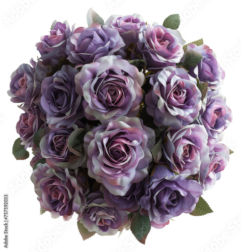 Bouquet of elegant purple roses with lush greenery  cut out - stock png.