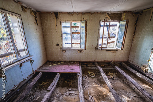 Inside old cottage in abandoned Stechanka village in Chernobyl Exclusion Zone, Ukraine