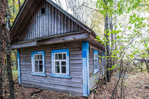 Wooden cottage in abandoned Stechanka village in Chernobyl Exclusion Zone in Ukraine photo