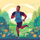 Happy black man running in park with music smile