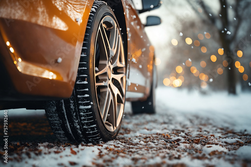 a car wheel close-up on the background of a winter snow-covered road with ice in city street, the concept of traffic safety on a slippery road photo