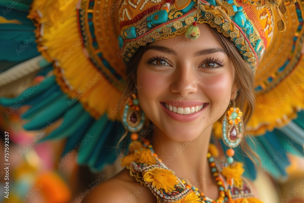 Radiant close-up portrait of a woman in an ornate carnival headdress, smiling brightly
