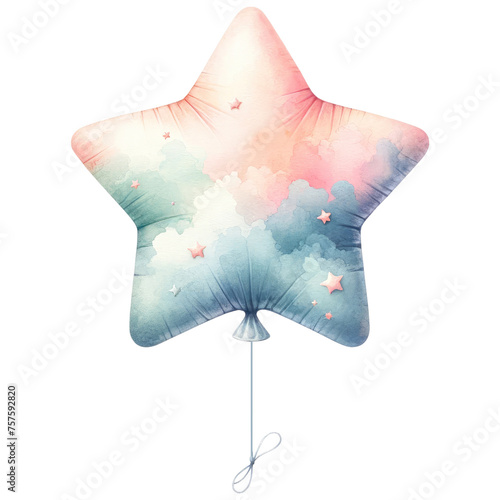 Watercolor style illustration of a star shaped balloon with a galactic design and vibrant cosmic colors. © EmBaSy