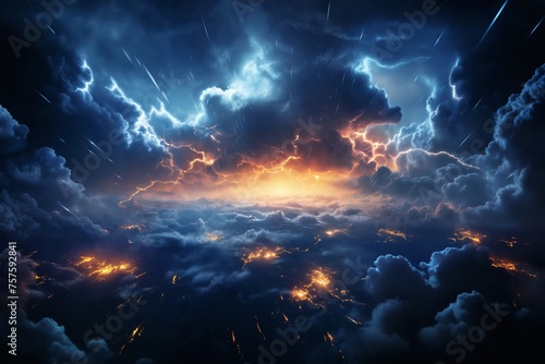 dramatic stormy sky with lightning and dark cumulus clouds aerial view for abstract background