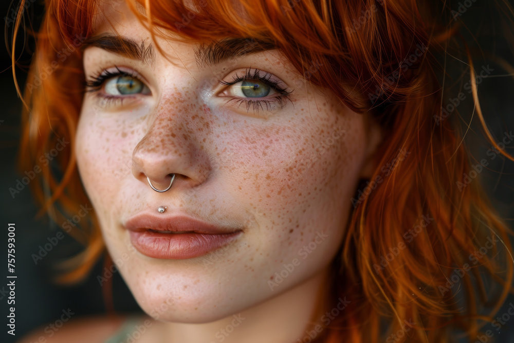 Portrait of a young woman with red hair, freckles and piercings