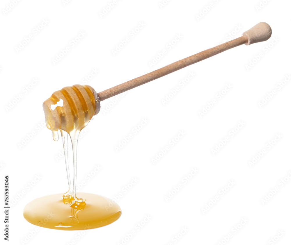 Natural honey dripping from dipper on white background Natural honey dripping from dipper on white background