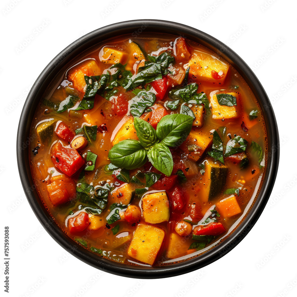 Hearty vegetable broth soup minestrone with a medley of garden vegetables, cut out - stock png. Hearty vegetable broth soup minestrone with a medley of garden vegetables, cut out - stock png.