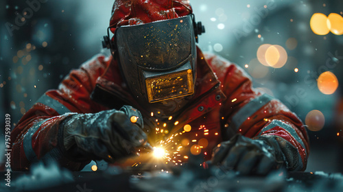 A close-up illustration of a welder at work with a protective suit while performing complex work