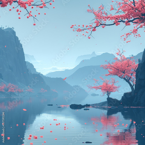 Tranquil Lake with Cherry Blossoms  Pink Colors  Japanese Brushwork