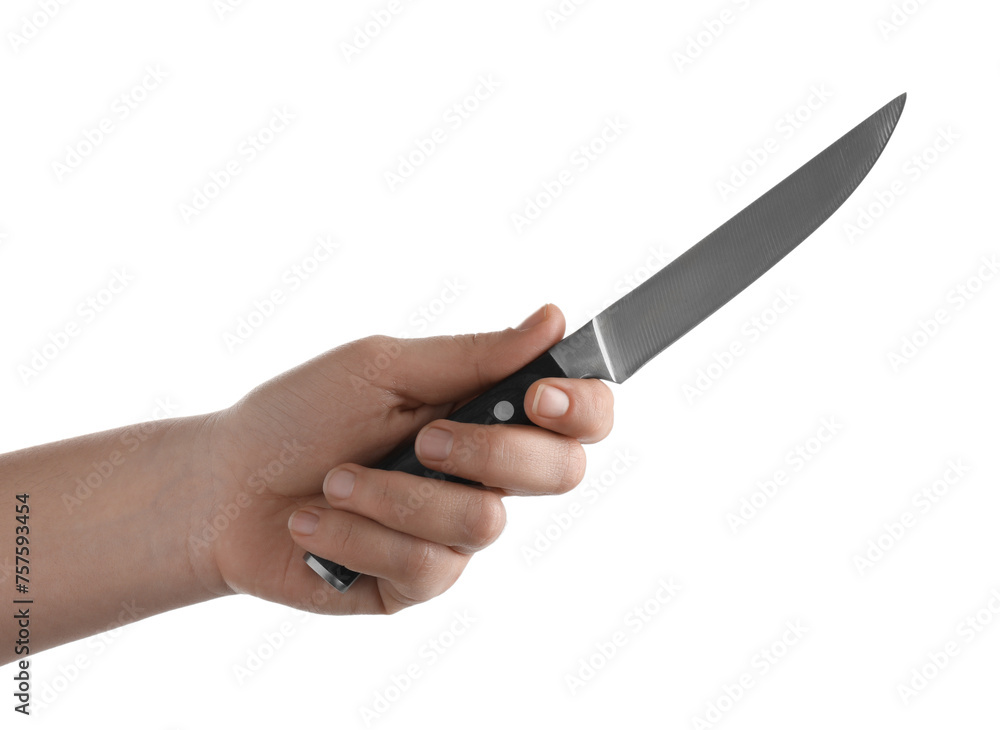 Woman holding knife on white background, closeup Woman holding knife on white background, closeup