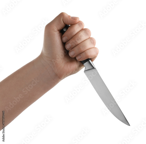 Woman holding knife on white background, closeup