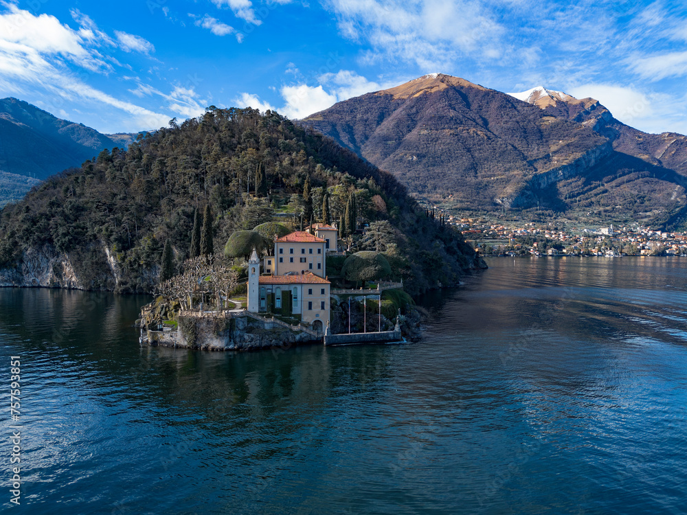 Aerial view of Villa Balbianello peninsula on Lake Como