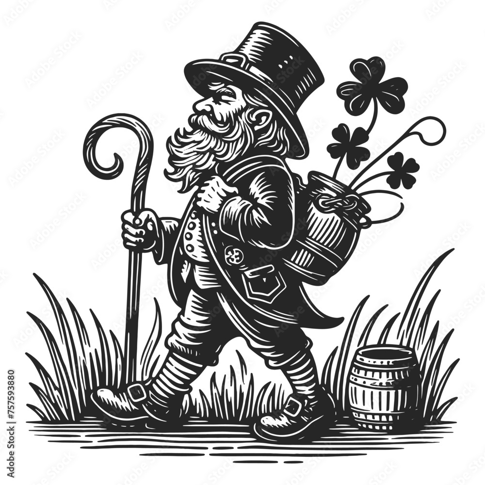 Obraz premium leprechaun gnome carrying a four-leaf clover and a walking stick Irish folklore sketch engraving generative ai fictional character vector illustration. Scratch board imitation. Black and white image.