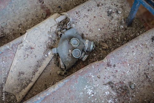 Gas mask in school in Illinci abandoned village in Chernobyl Exclusion Zone, Ukraine