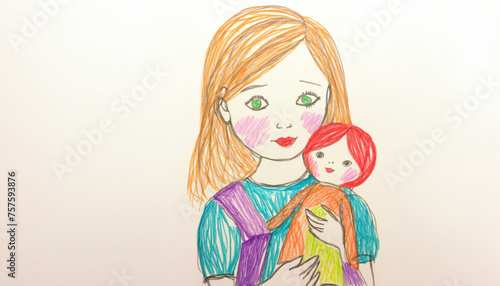 girl play with doll colorful wax crayon hand drawn kids drawing