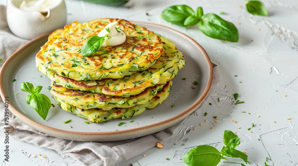 Green zucchini fritters, vegetarian zucchini pancakes with fresh herbs and garlic, served with cream sauce on a white background. Selective focus is applied to enhance the visual appeal of the dish. Green zucchini fritters, vegetarian zucchini pancakes with fresh herbs and garlic, served with cream sauce on a white background. Selective focus is applied to enhance the visual appeal of the dish.