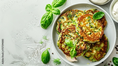 Green zucchini fritters, vegetarian zucchini pancakes with fresh herbs and garlic, served with cream sauce on a white background. Selective focus is applied to enhance the visual appeal of the dish. photo